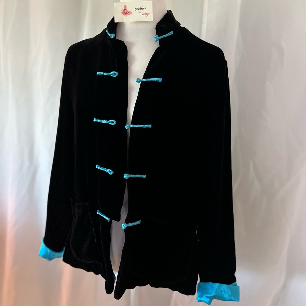 A Vintage RARE Ethos Oriental Style Black Velvet Jacket with Blue Satin